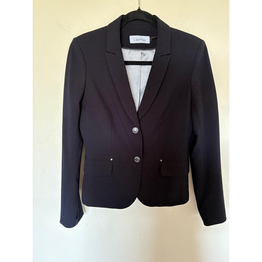 Calvin Klein Womens Black Two Button Professional Blazer Jacket Pinstripe Lining